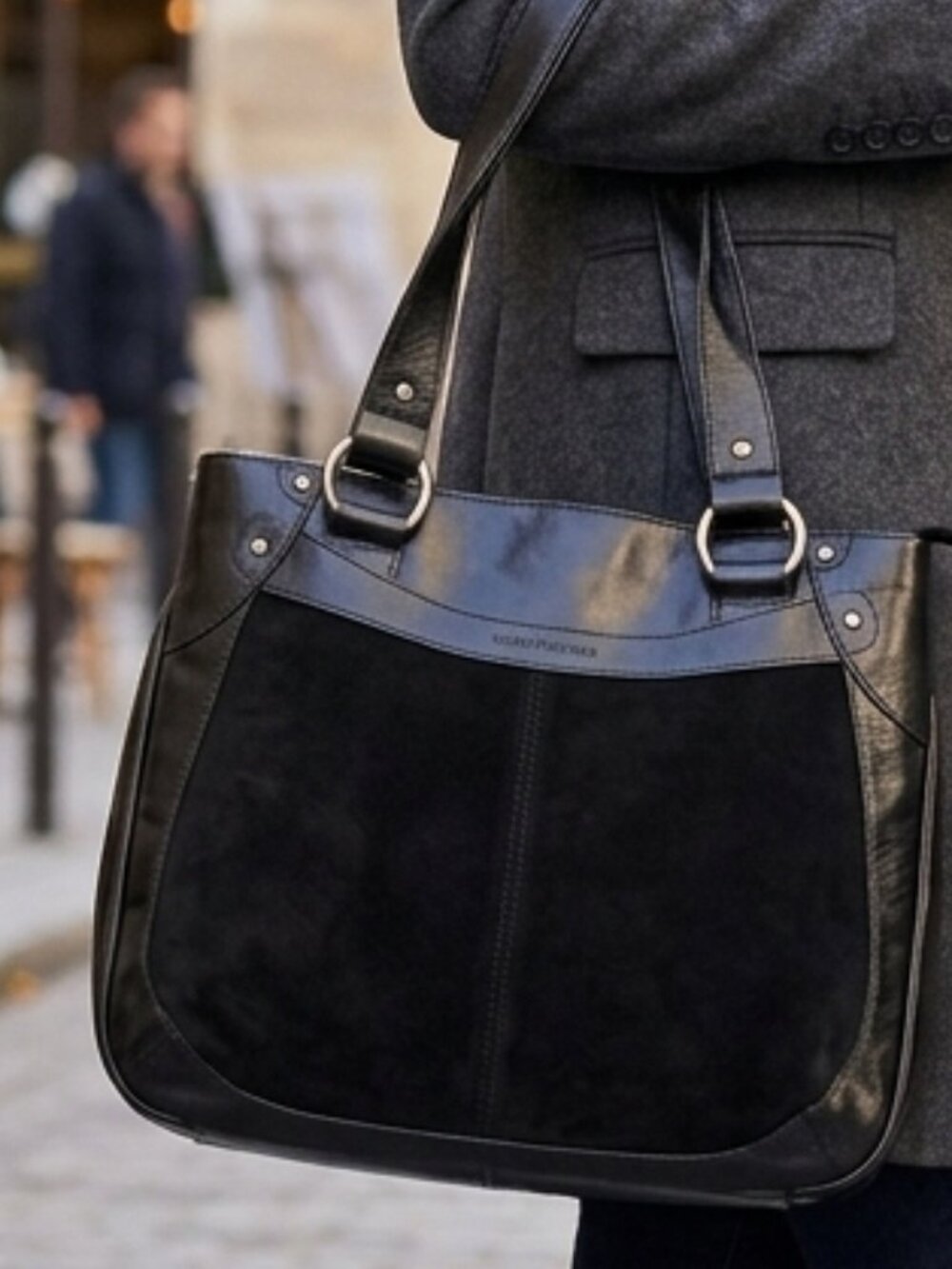 Hush Puppies Black Suede Shoulder Bag with Doggy Pull